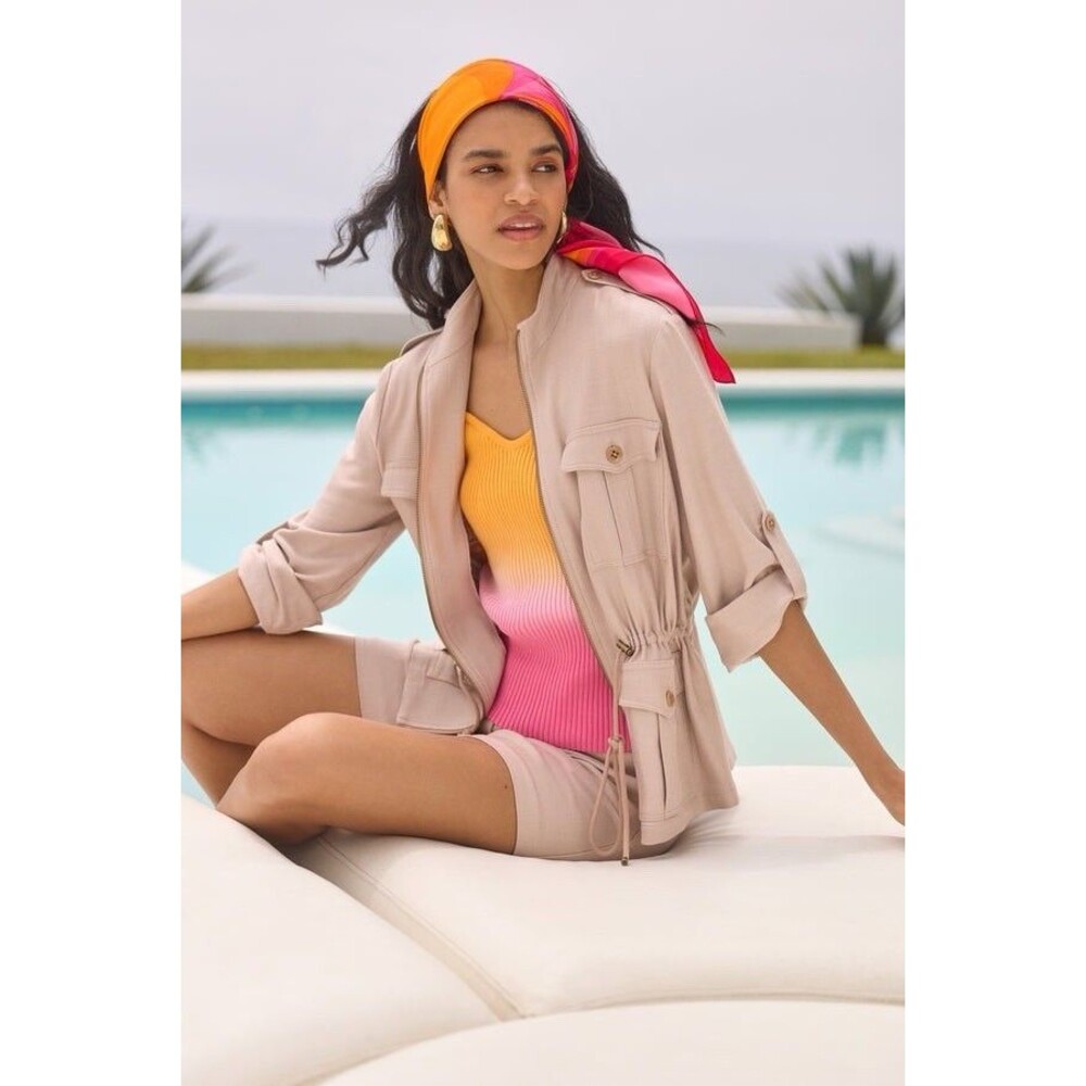 Trina Turks Bouyant Jacket Utility Flap Pockets Small Zip Up Beige Drawstring